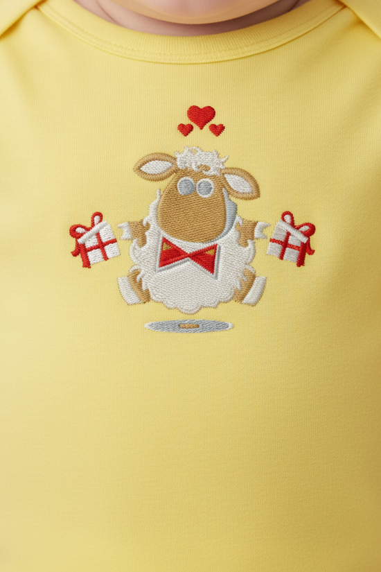Close-up of embroidered sheep design