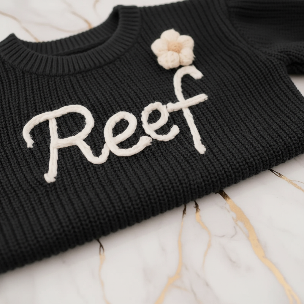 Close-up of embroidered text detail