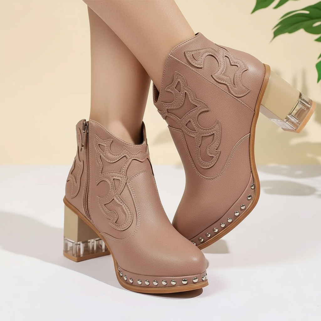 Close-up of embroidery and studs