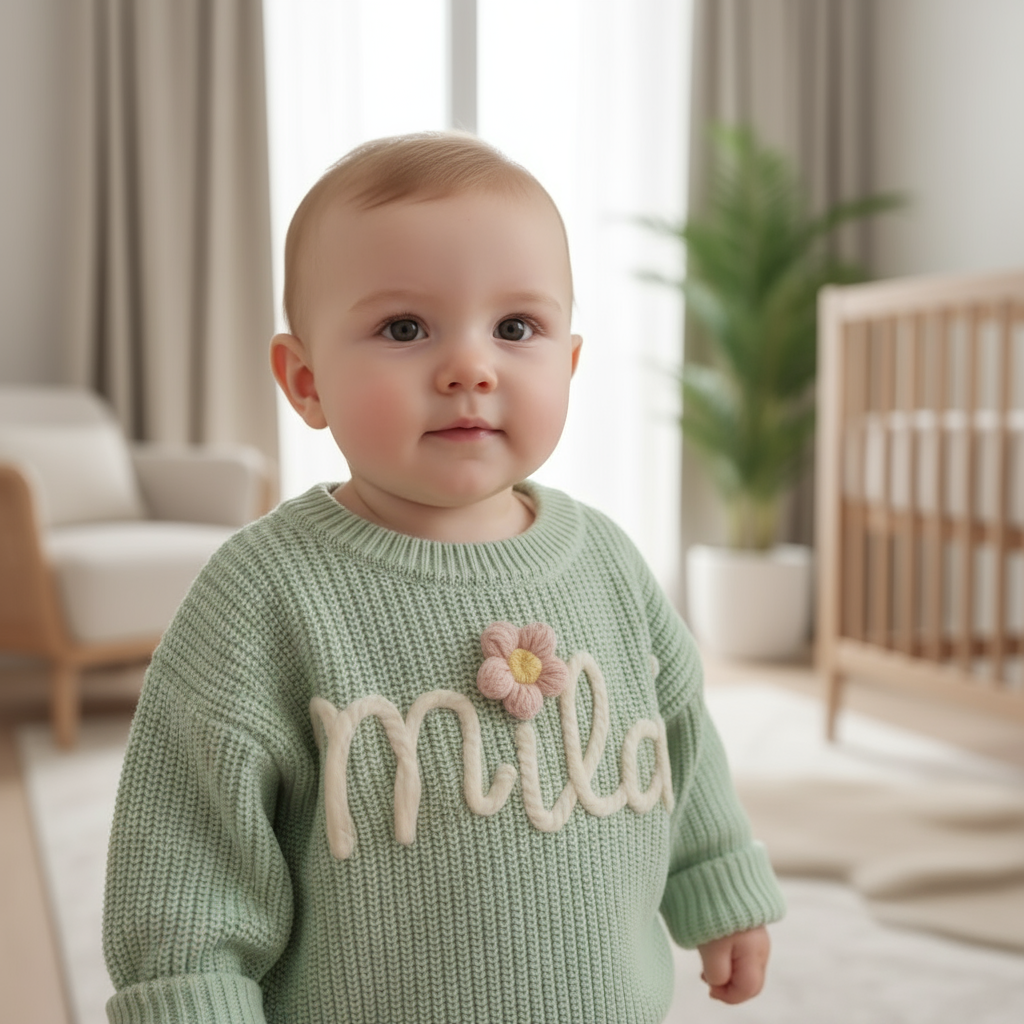 Close-up of embroidery on baby