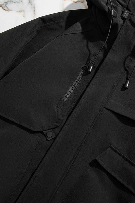 Close-up of front zipper and chest