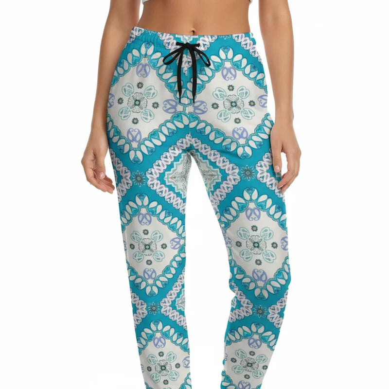 Women's joggers with blue and white intricate geometric pattern from Ivorynn fashion