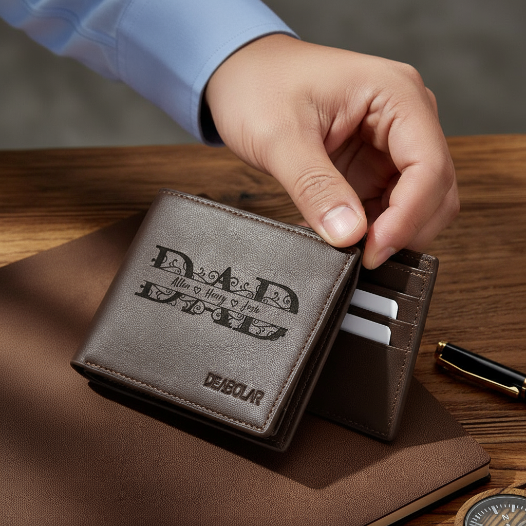 Close-up of man opening leather wallet