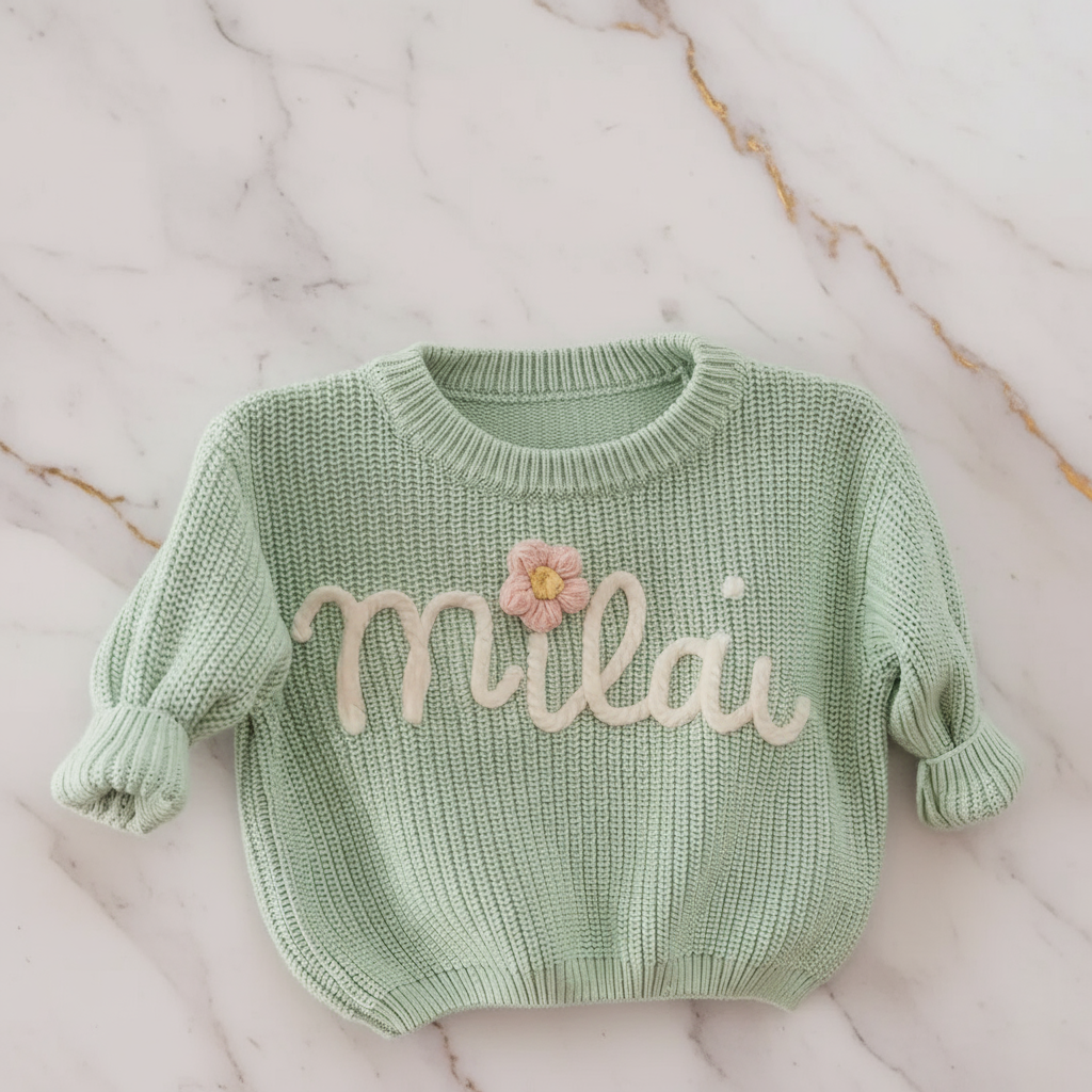 Close-up of "Mila" embroidered text