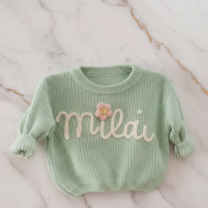 Close-up of "Mila" embroidered text