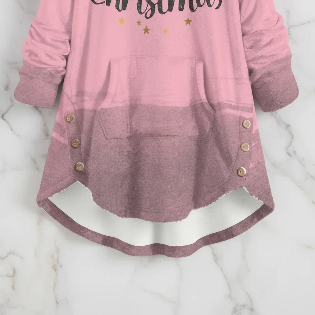 Close-up of pink to mauve gradient at hem