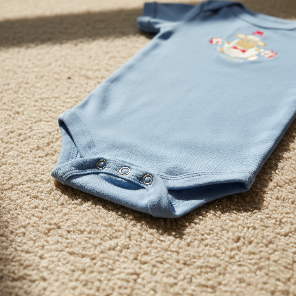 Close-up of snap closures and fabric detail on beige carpet