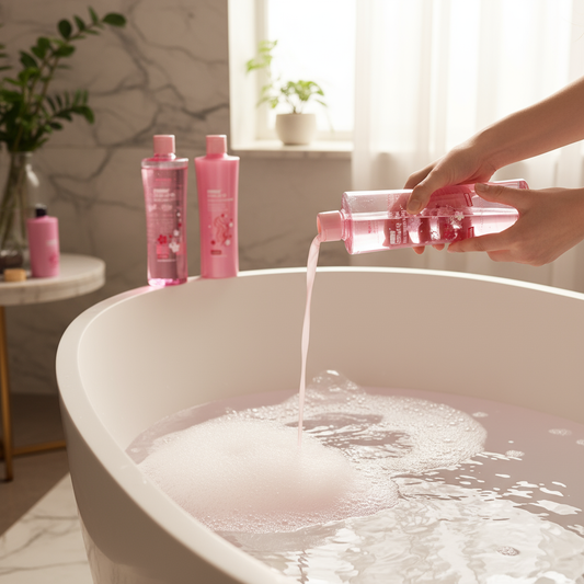 Close-up pouring sakura bath liquid