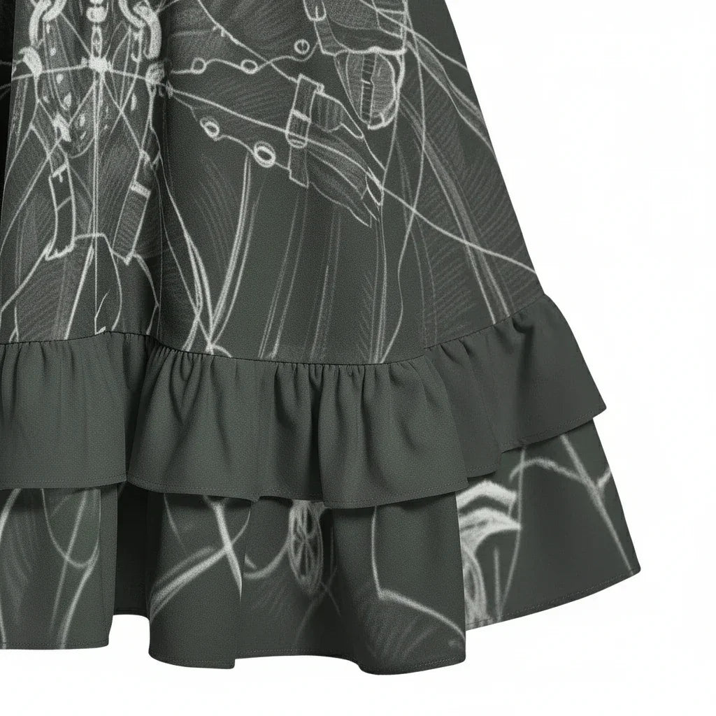 Close-up of a dark ruffle hem skirt with white sketch pattern, stylish women's apparel at Ivorynn