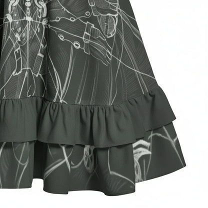 Close-up of a dark ruffle hem skirt with white sketch pattern, stylish women's apparel at Ivorynn