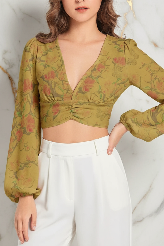 Close-up shot focusing on v-neck and sleeve details