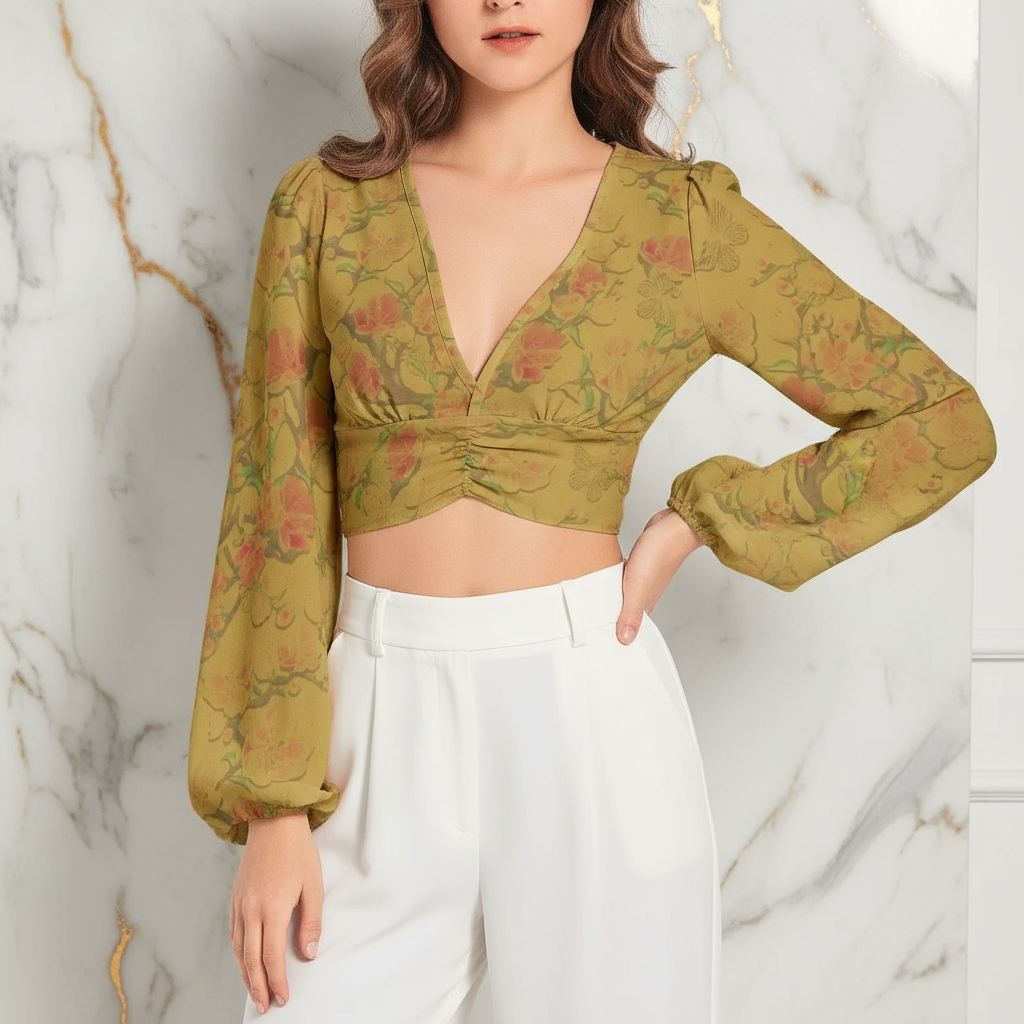 Close-up shot focusing on v-neck and sleeve details