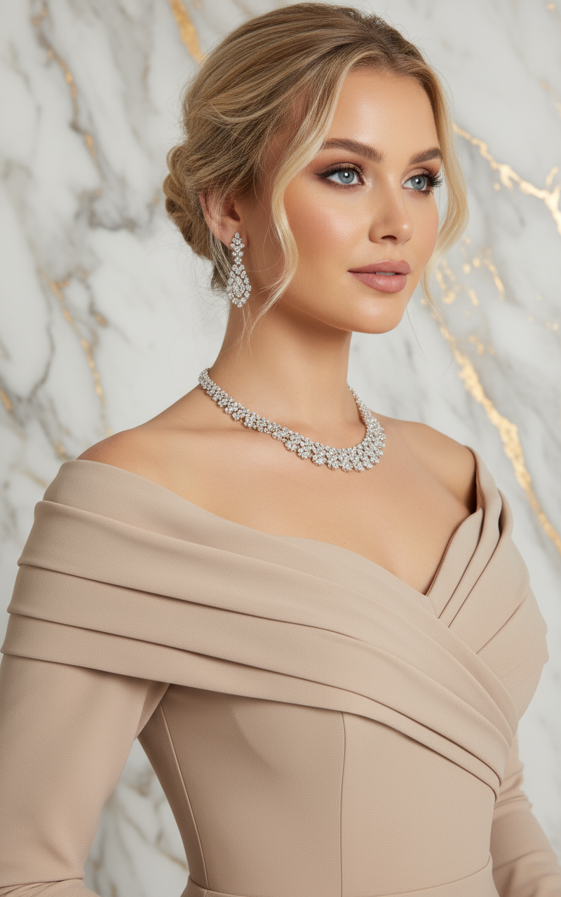 Close-up shoulder and neckline looking over shoulder - Beige gown