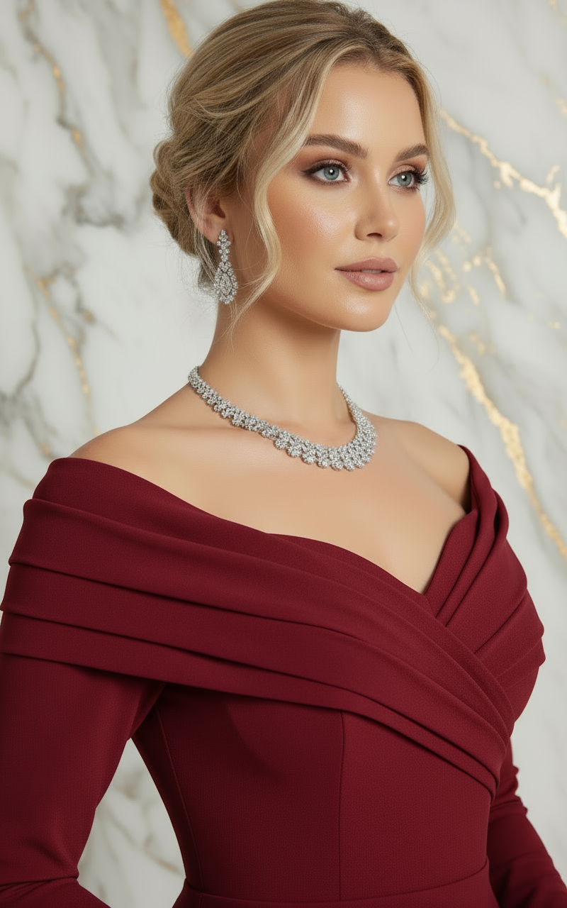 Close-up shoulder and neckline - Red gown