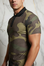 Close-up of men's camo polo shirt with black collar, showcasing side seam and fit from Ivorynn