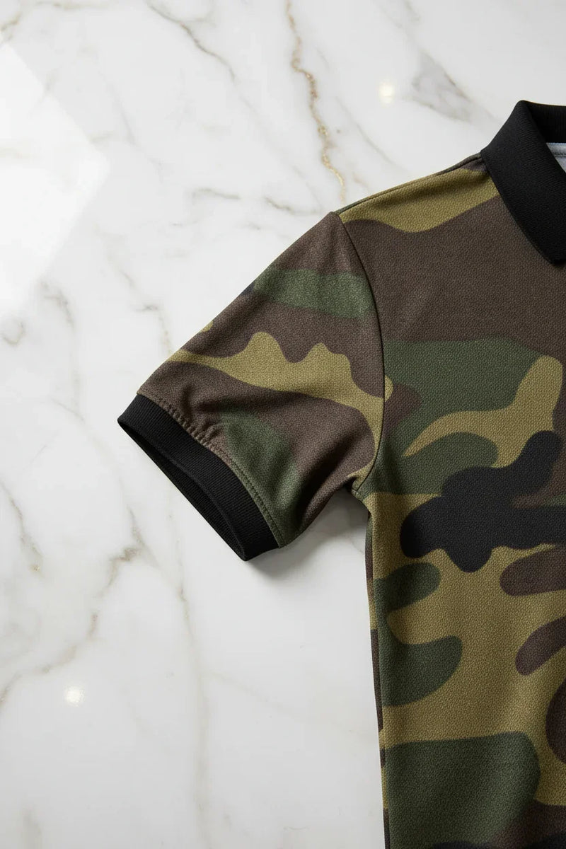 Close-up of a short sleeve camo shirt with black cuff on marble surface, Ivorynn fashion