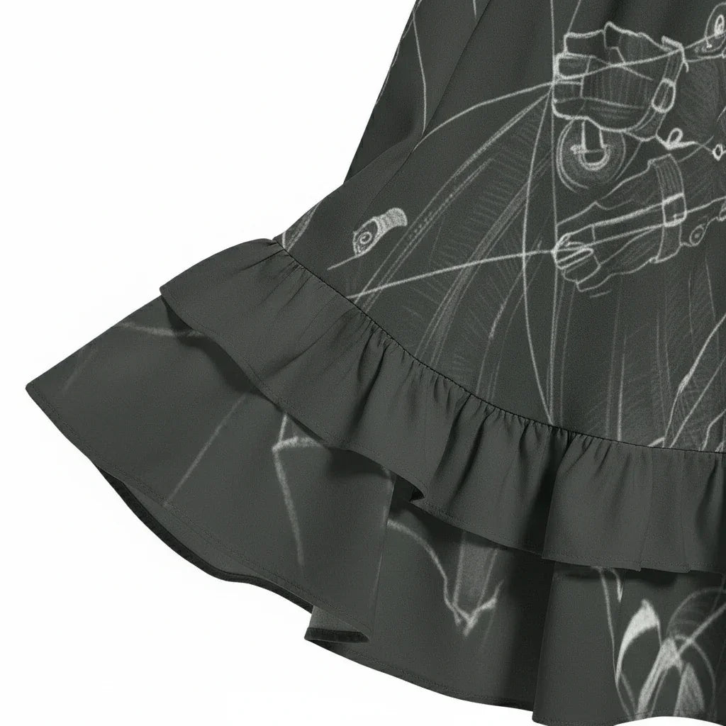 Close-up of a dark ruffled sleeve cuff with white outline print, stylish women's fashion at Ivorynn