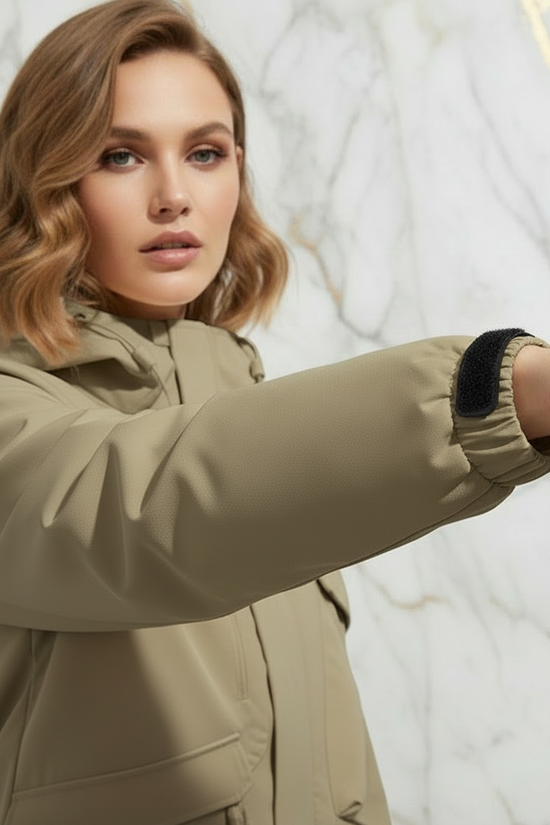 Close-up sleeve detail with patch and cuff