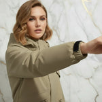 Close-up sleeve detail with patch and cuff