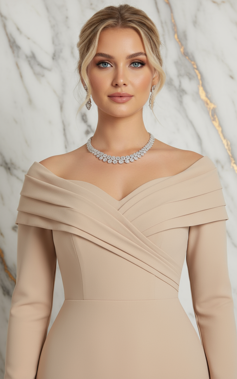 Close-up upper body and neckline - Beige gown