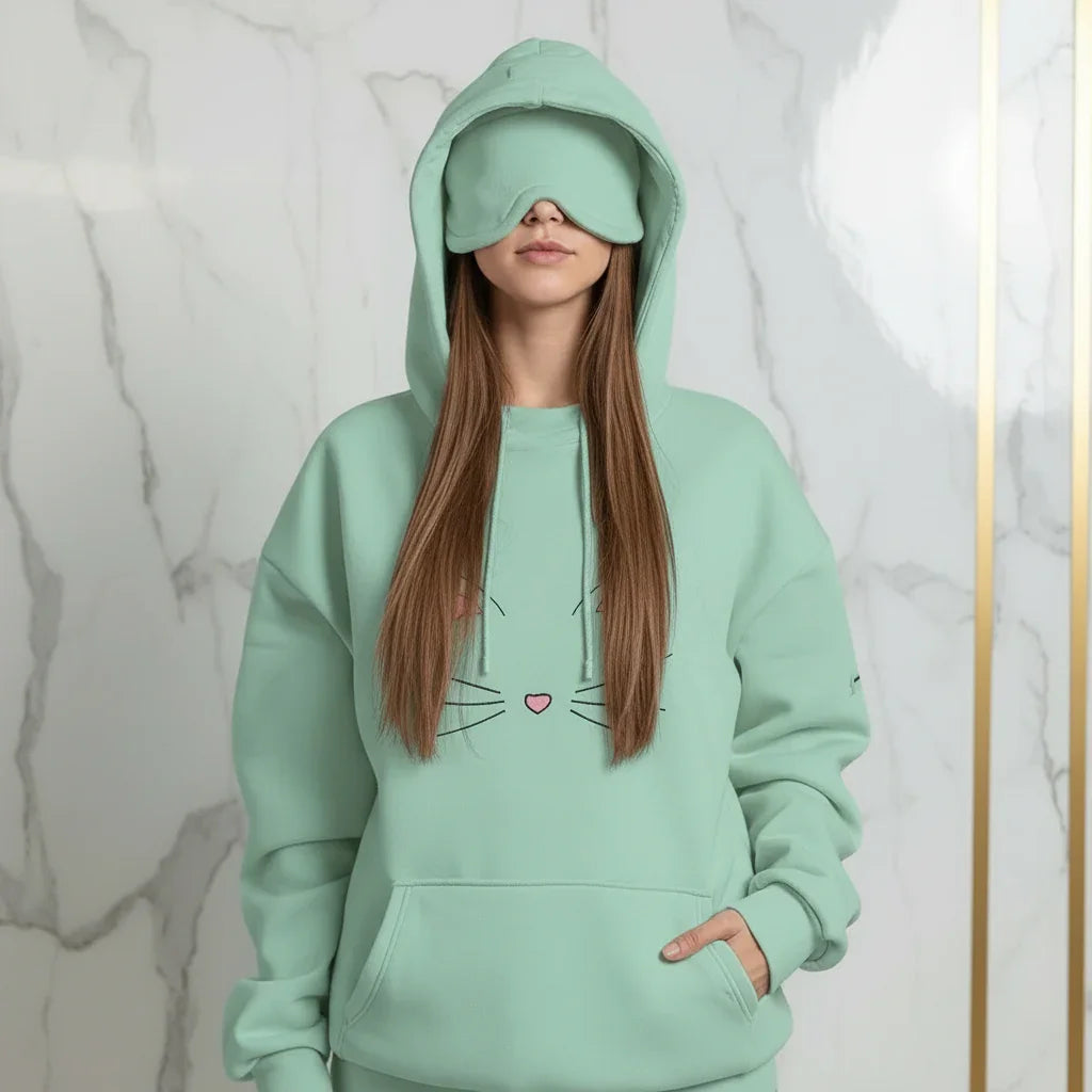 Close-up upper body showing hoodie details