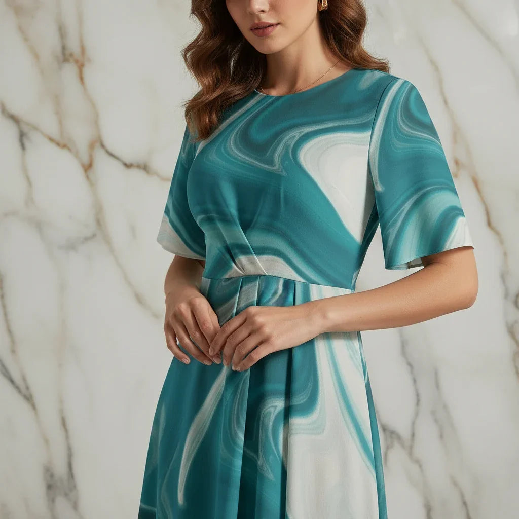 Woman wearing stylish teal marble print dress from Ivorynn, modern fashion apparel