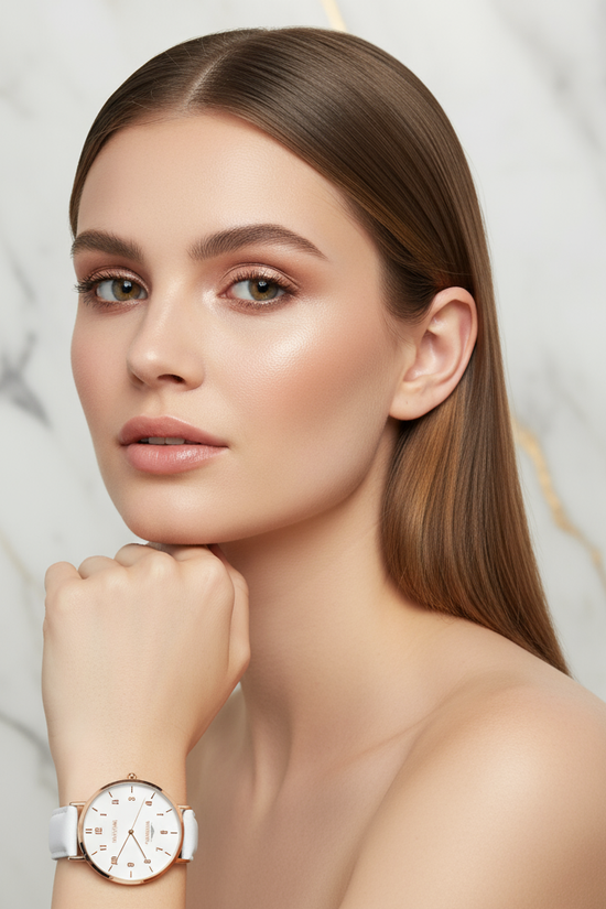 Close-up with sleek hair framing face