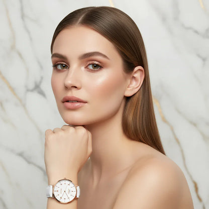 Close-up with sleek hair framing face