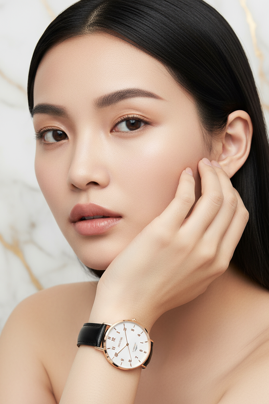 Close-up with sleek hair framing face