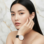 Close-up with sleek hair framing face