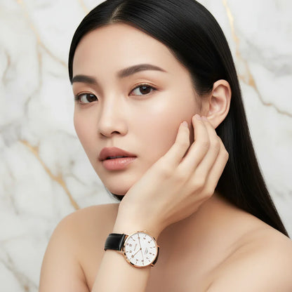 Close-up with sleek hair framing face