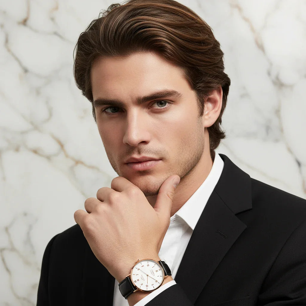 Close-up with styled brown hair