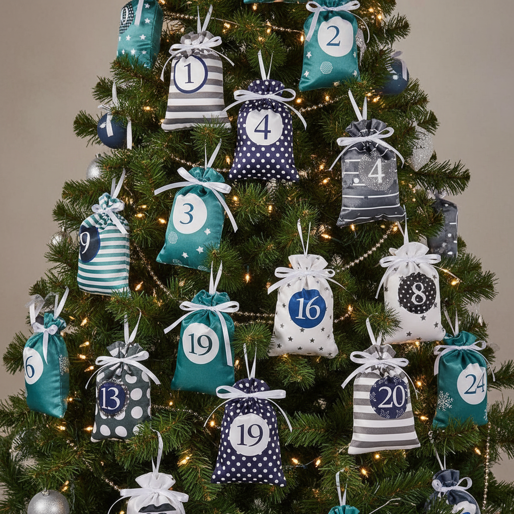 Complete Christmas tree with blue advent bags
