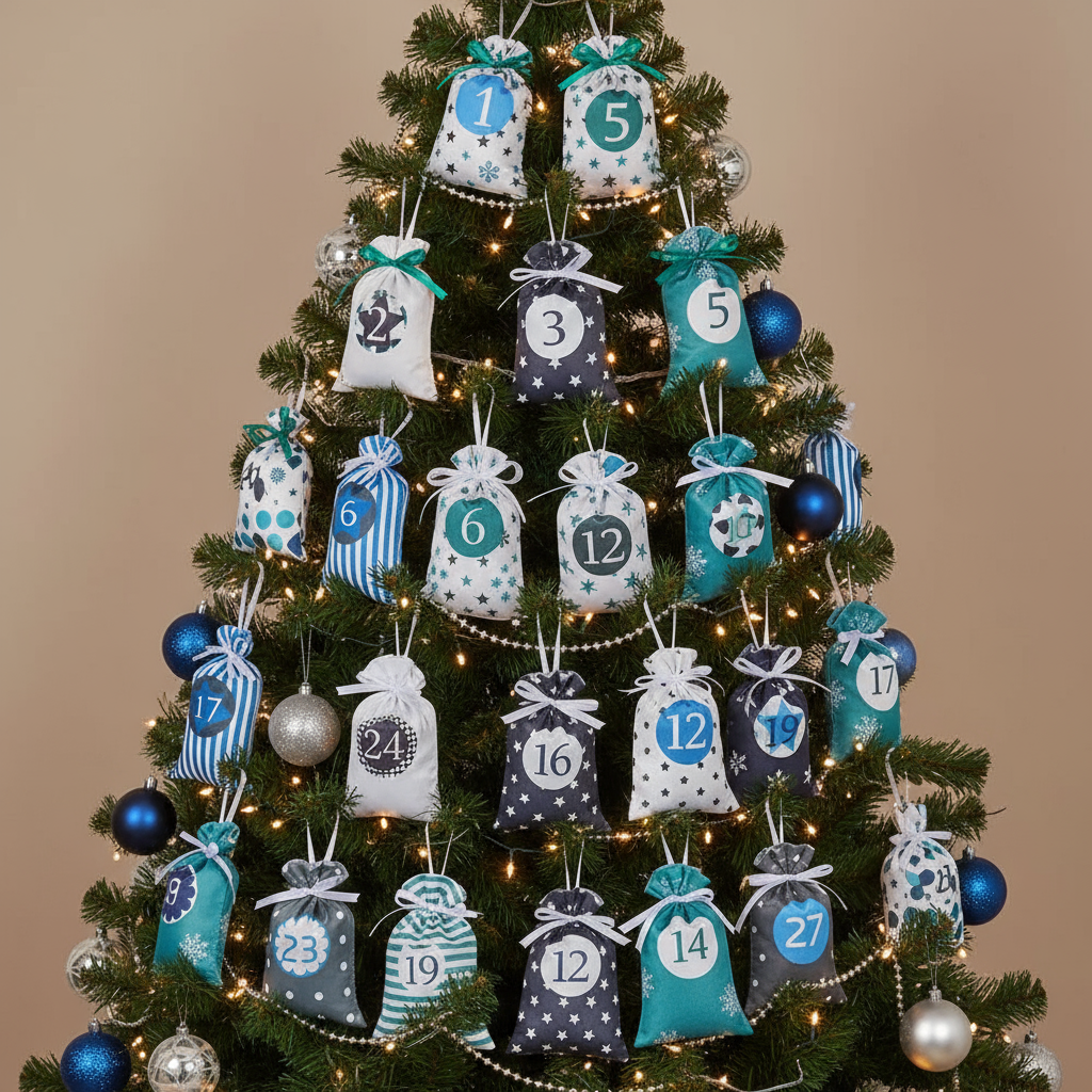 Complete Christmas tree with blue advent bags