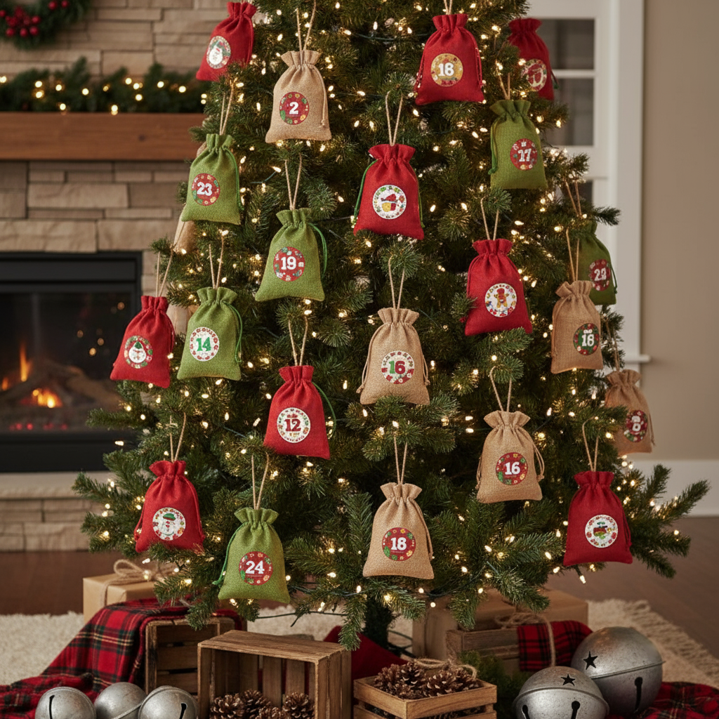Complete Christmas tree with burlap advent bags