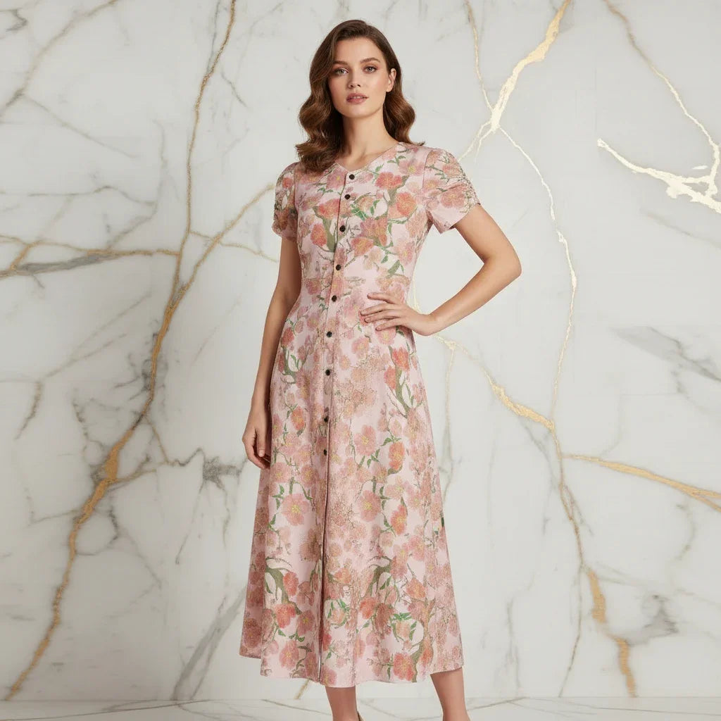 Woman modeling a pink floral dress from Ivorynn in front of marble background