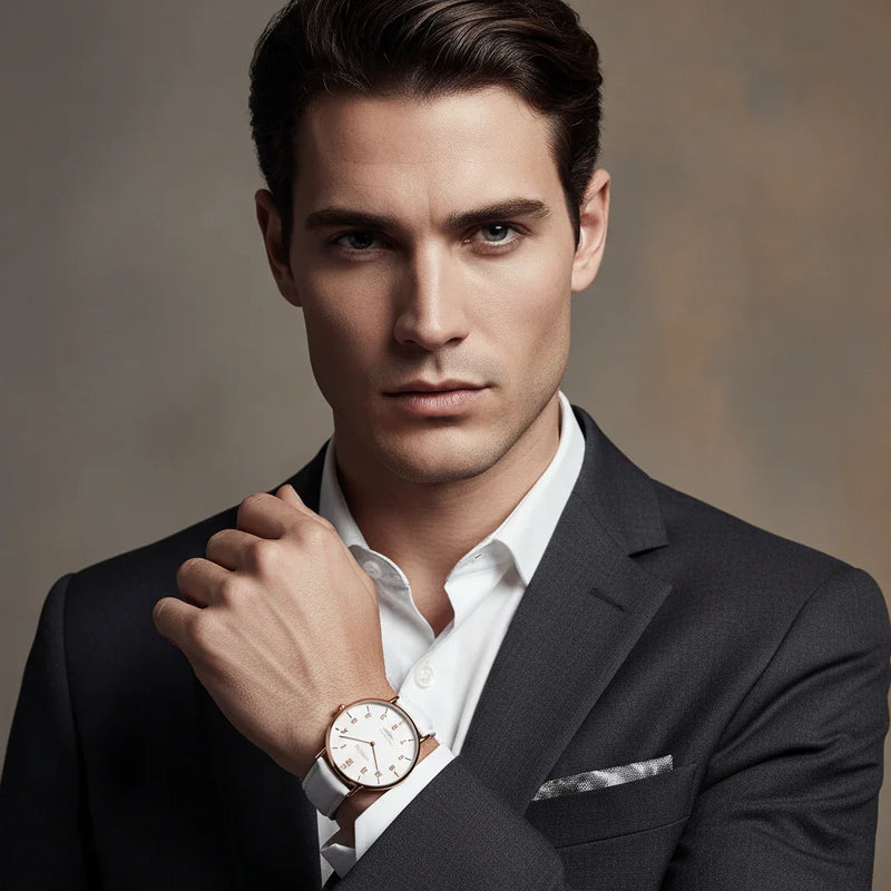 Confident pose with hand across chest