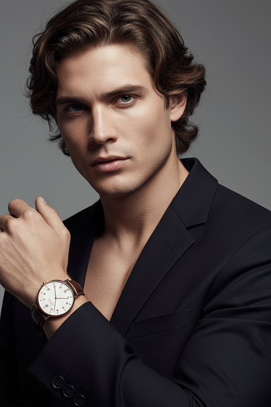 Confident pose with hand across chest