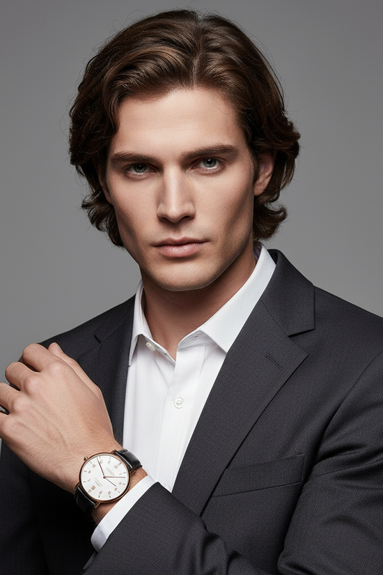 Confident pose with hand across chest