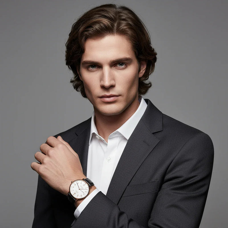 Confident pose with hand across chest