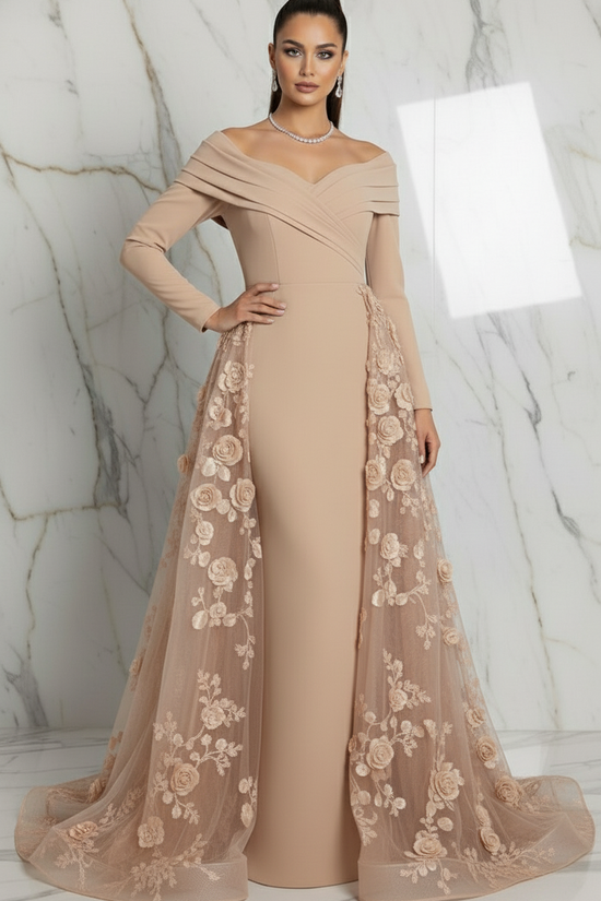 Confident pose with hand on hip - Beige gown