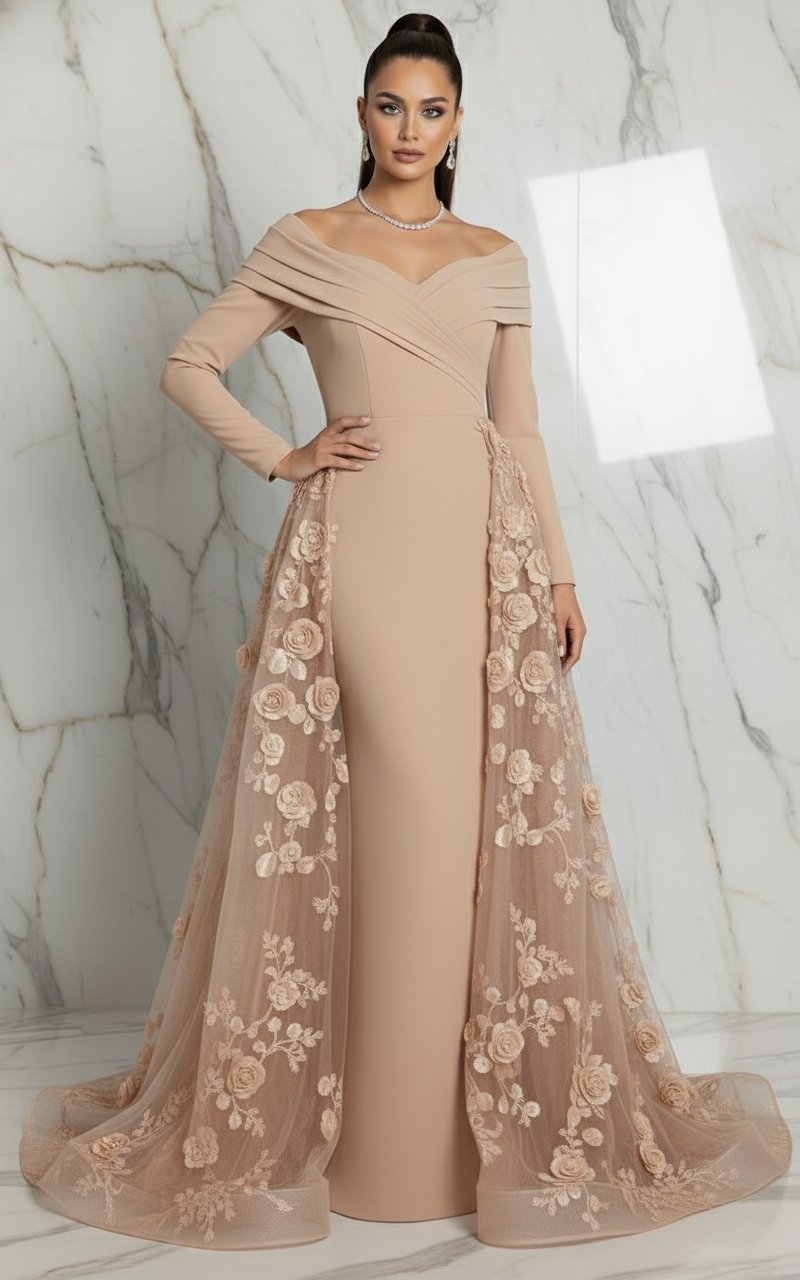 Confident pose with hand on hip - Beige gown