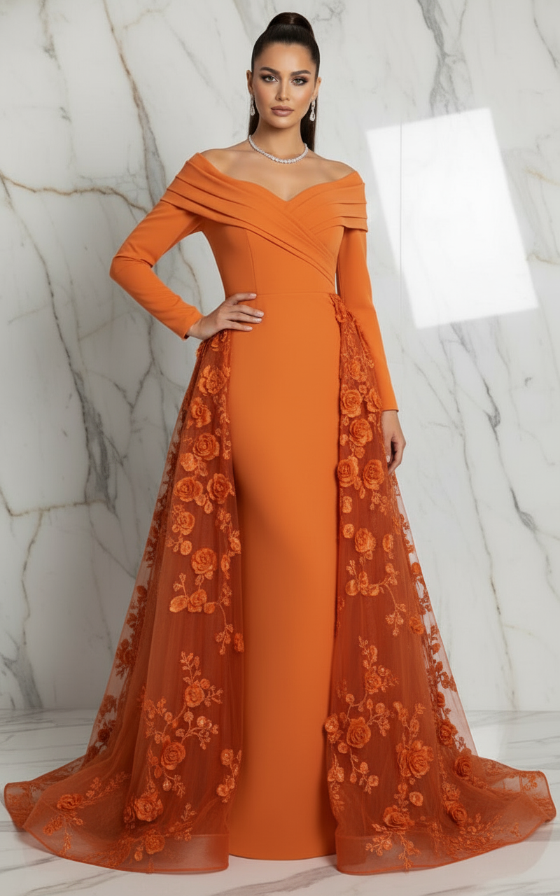 Confident pose with hand on hip - Orange gown