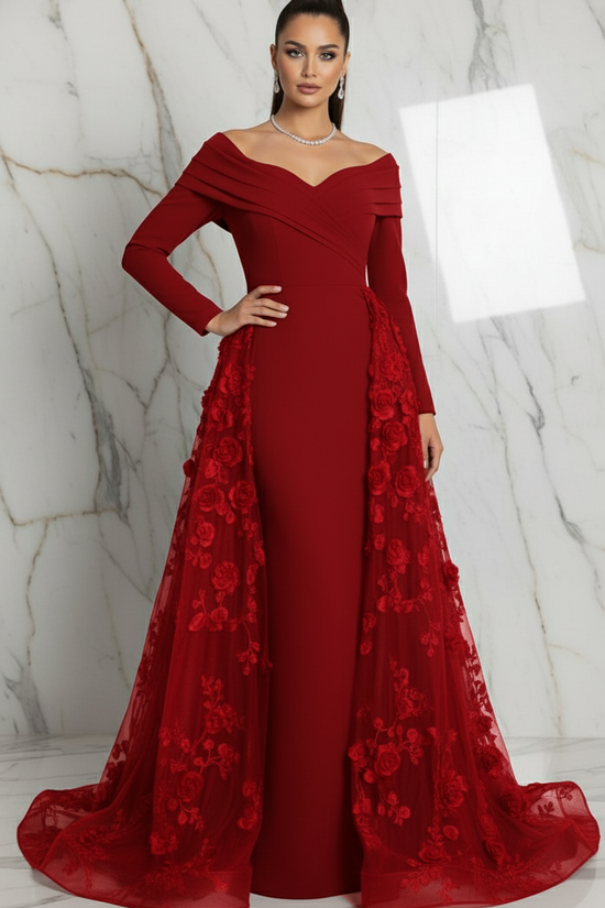 Off Shoulder Red Elegant Evening Gown with Train
