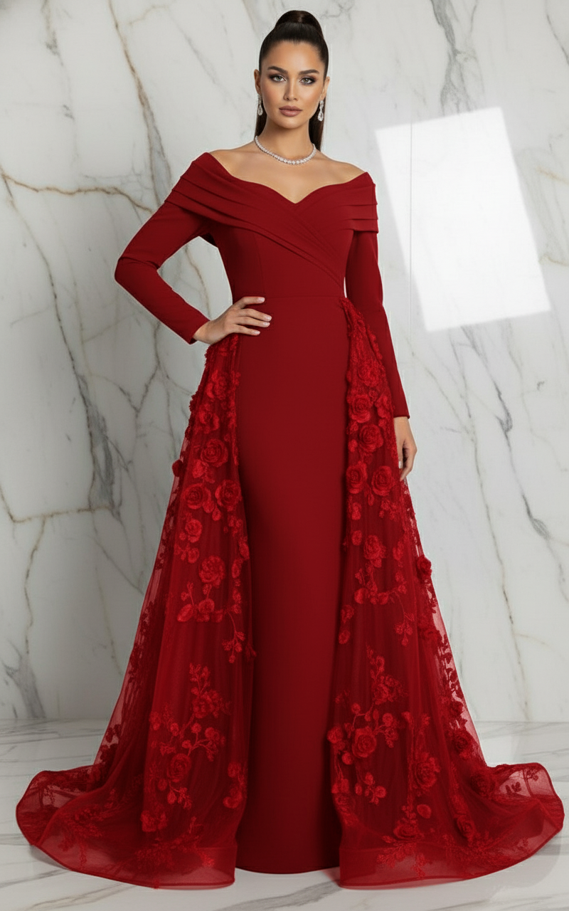 Off Shoulder Red Elegant Evening Gown with Train