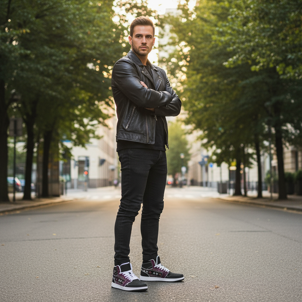 Confident standing pose with green foliage