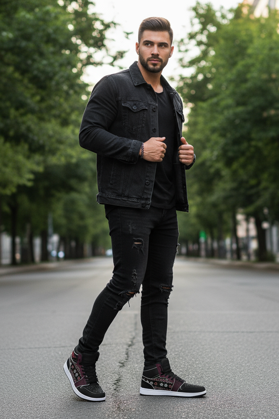 Confident standing pose with green foliage