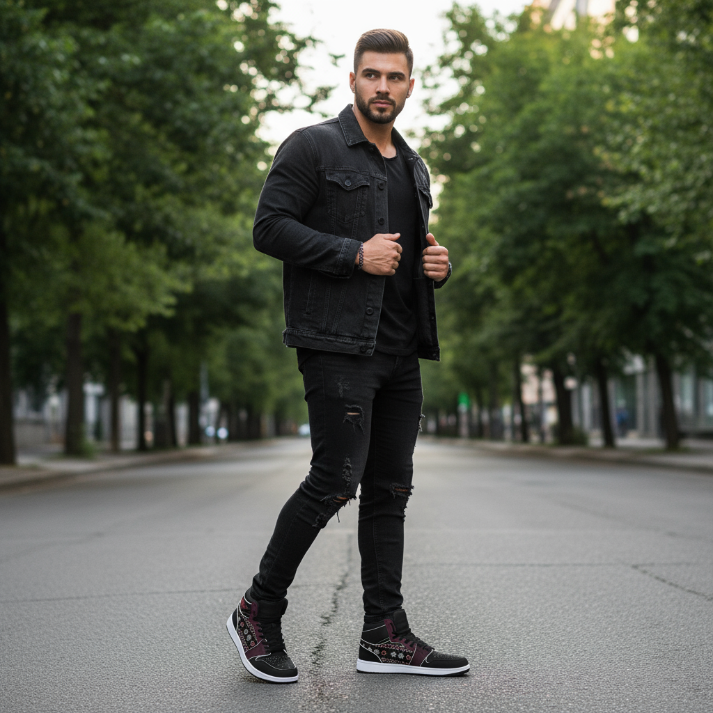 Confident standing pose with green foliage