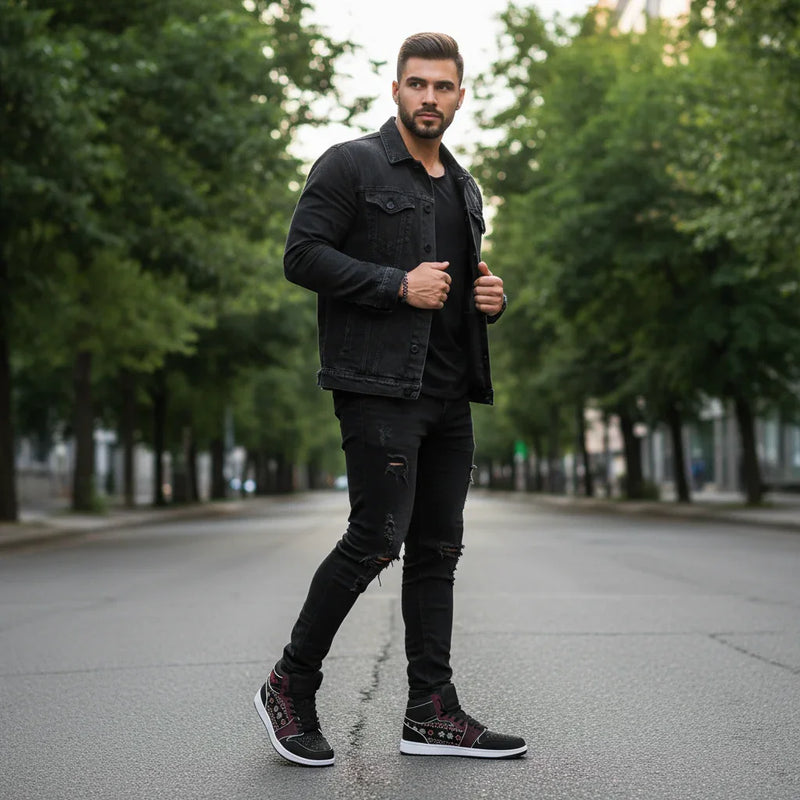 Confident standing pose with green foliage