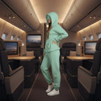 Confident travel pose in cabin aisle